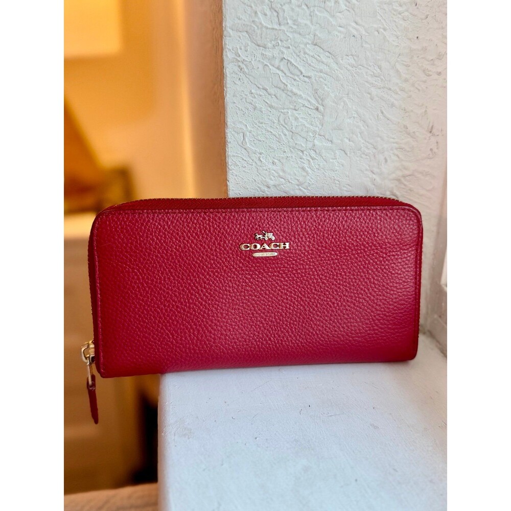 Coach F16612 Long Zip Around Wallet in Red Pebbled Leather and Gold Hardware